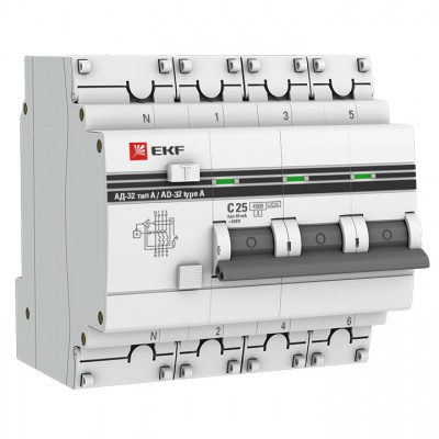 Дифференциальный автомат АД-32 3P+N 40А/100мА (хар. C, AC, электронный, защита 270В) 4,5кА EKF PROxima